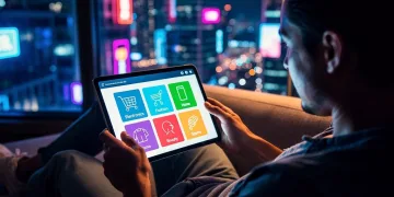 Late night online shopping on tablet, depicting e-commerce trends.