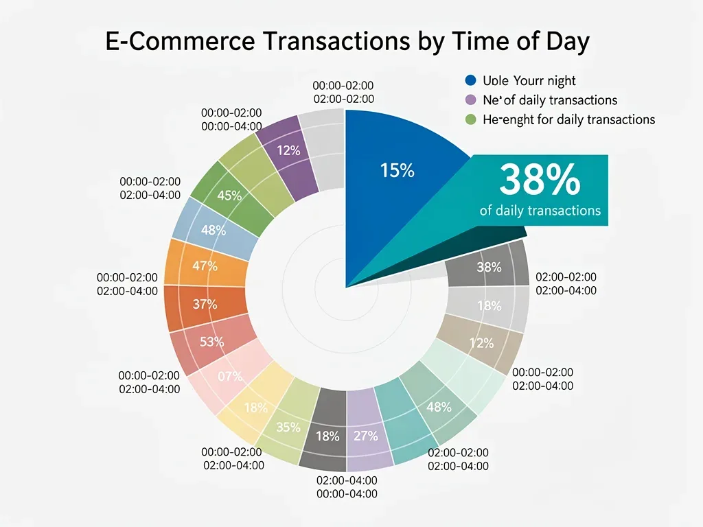 E-commerce transaction distribution by time of day pie chart.