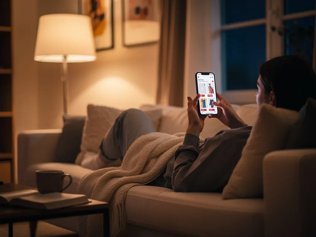 Person shopping on smartphone late at night from home.