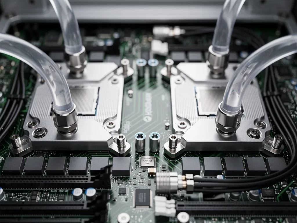 Close-up of direct-to-chip cold plates on server CPUs and GPUs.