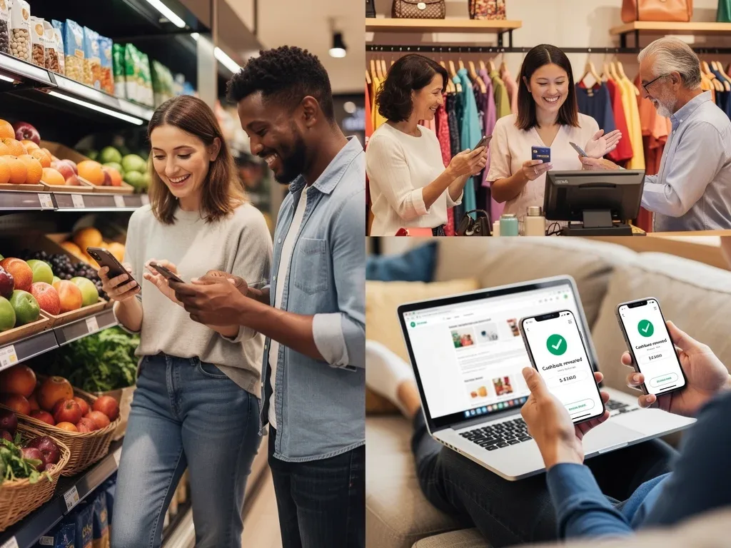 Diverse shoppers happily using instant cashback apps for rewards