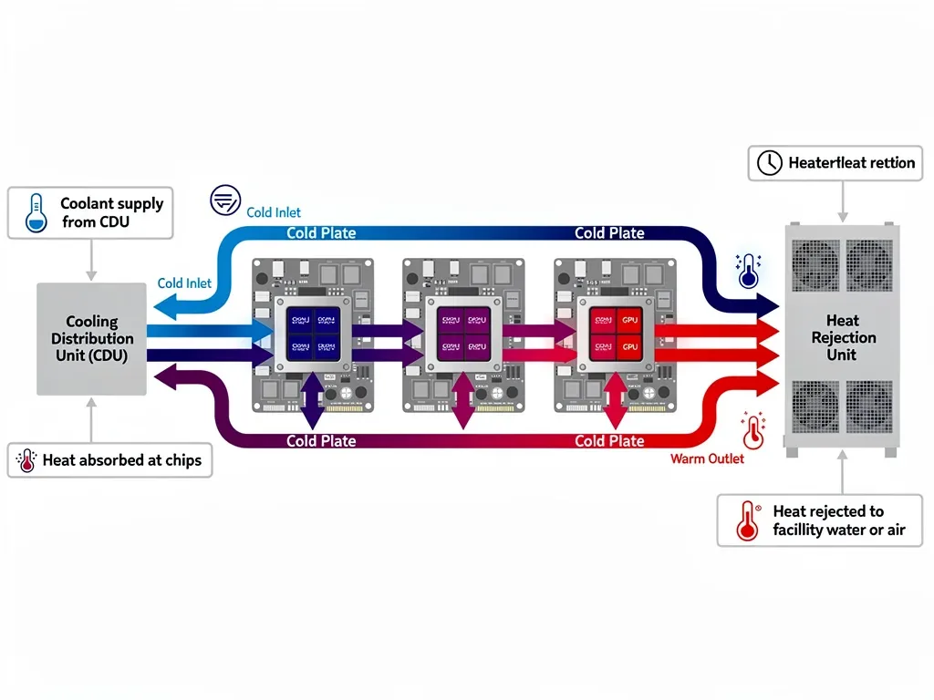 Diagram illustrating the heat transfer cycle of direct-to-chip liquid cooling.