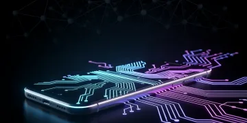 Futuristic smartphone running advanced AI models offline, symbolizing on-device SLM deployment.