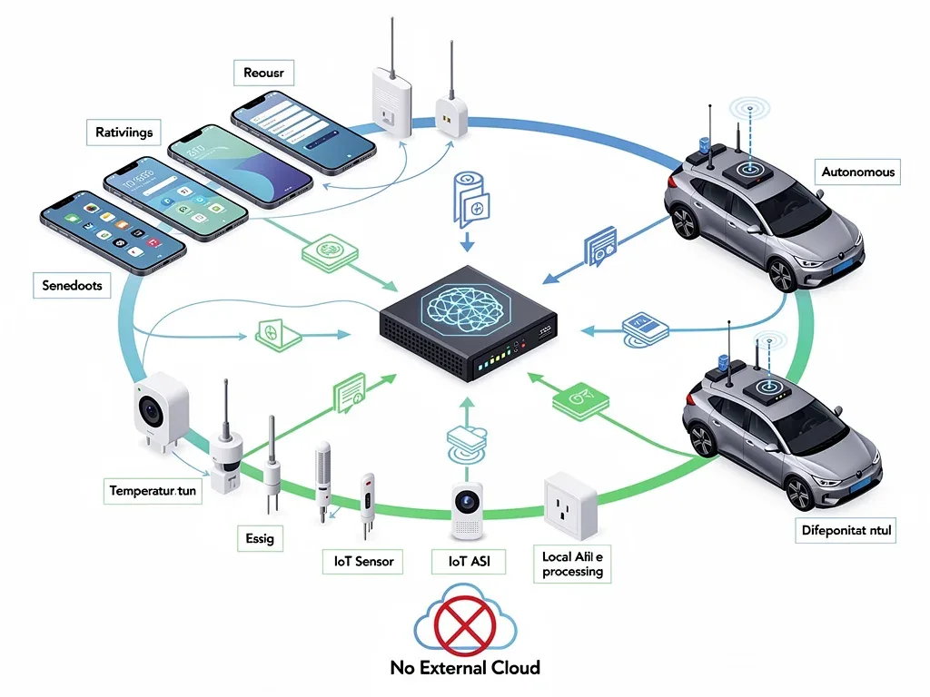 Diagram of interconnected edge devices performing local AI processing without cloud access.