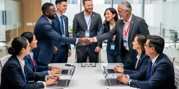 Executives collaborating on multi-company contracts