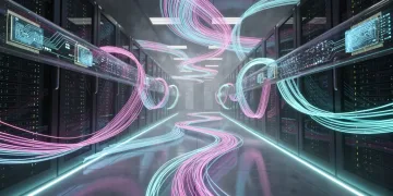 Futuristic data center with optical fiber connections for silicon photonics