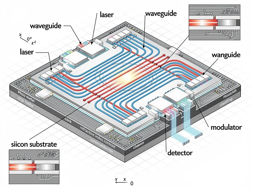 Detailed schematic of a silicon photonics chip with integrated components