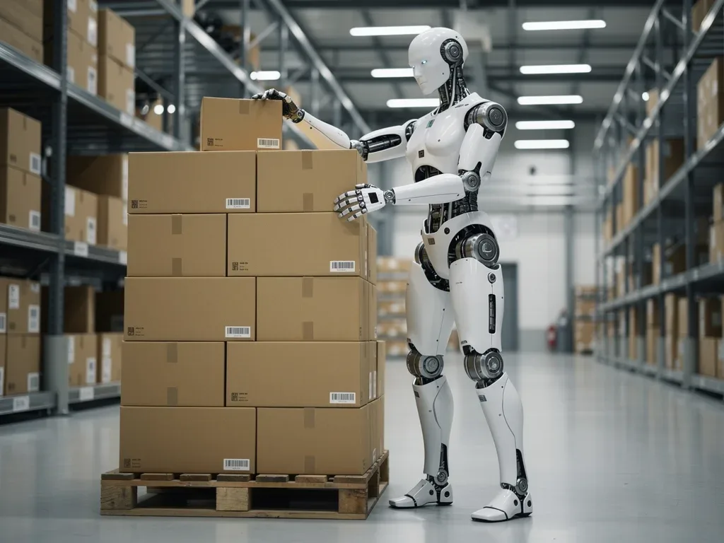 Humanoid robot performing tasks in a modern warehouse environment.