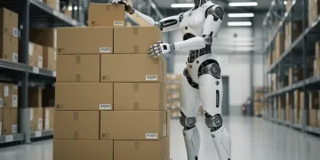 Humanoid robot performing tasks in a modern warehouse environment.