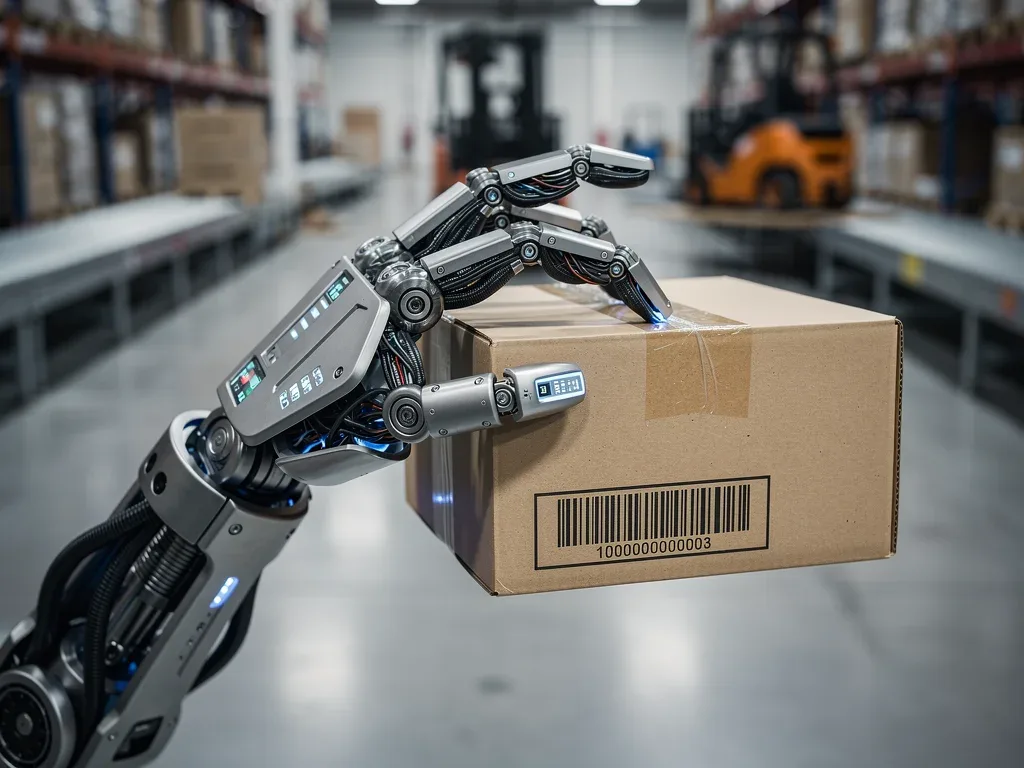 Close-up of a humanoid robot's hand gripping a package with precision.