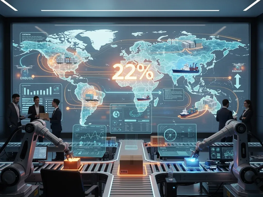 Futuristic supply chain network with autonomous sourcing reducing overhead by 22%