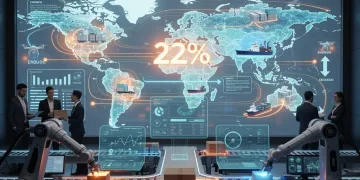 Futuristic supply chain network with autonomous sourcing reducing overhead by 22%