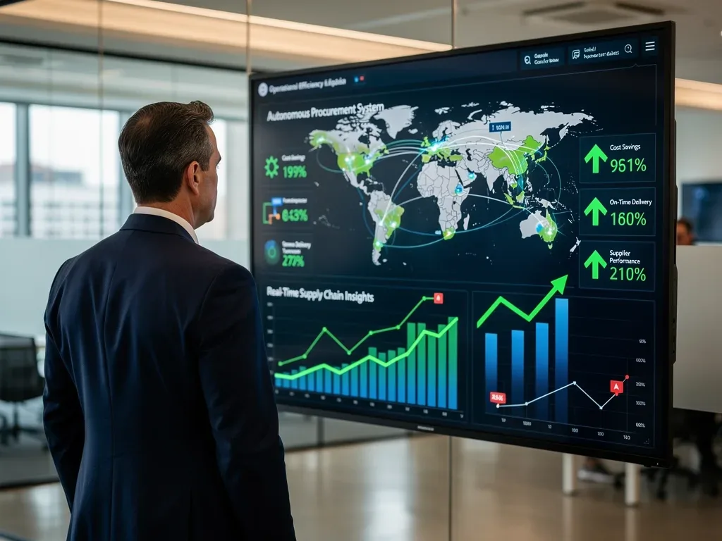 Executive reviewing autonomous sourcing dashboard showing 22% cost reduction