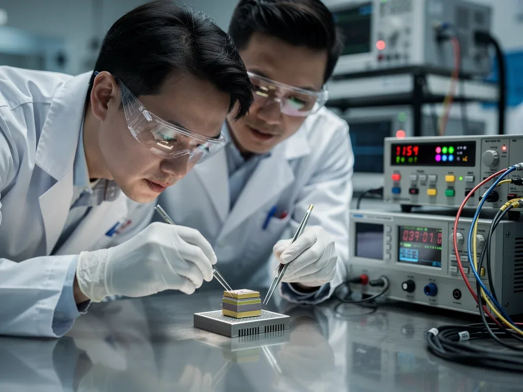 Engineers testing solid-state battery prototypes in a laboratory