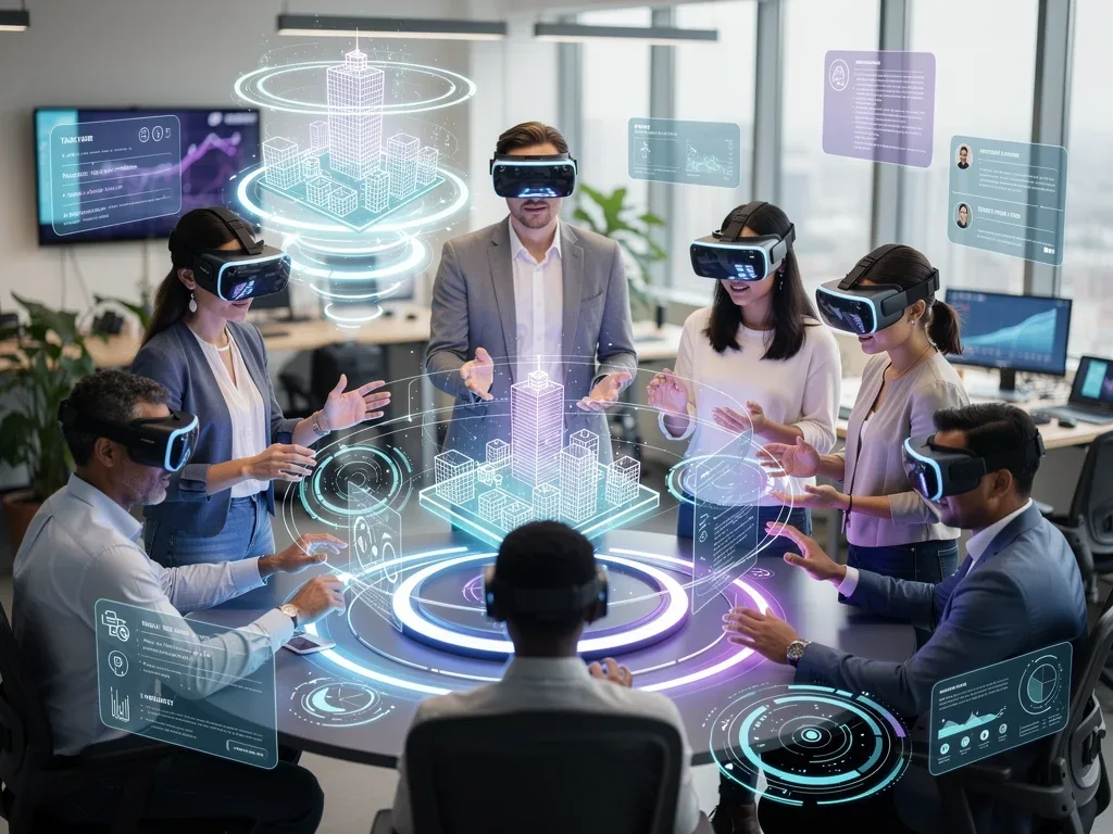 Employees use spatial computing for immersive onboarding in a modern tech office