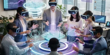 Employees use spatial computing for immersive onboarding in a modern tech office
