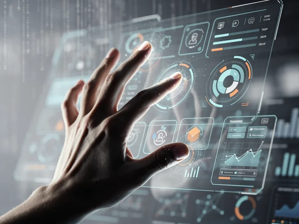 Hand interacting with holographic interface in AR training sandbox