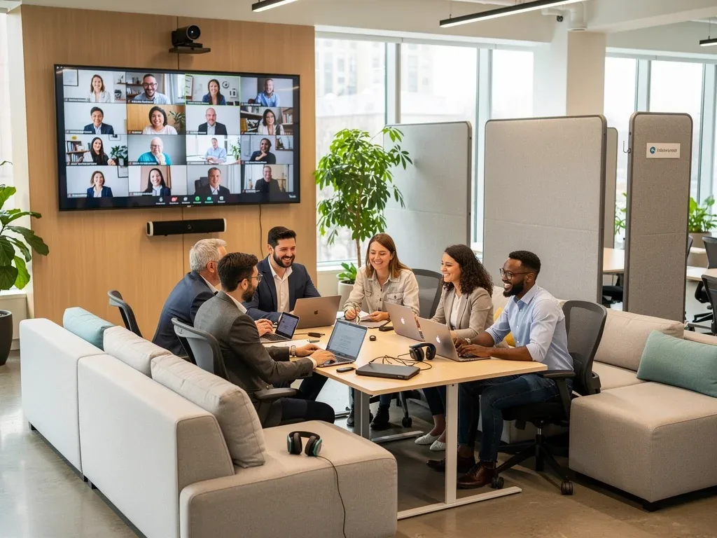 Diverse team collaborating in flexible hybrid office space with technology