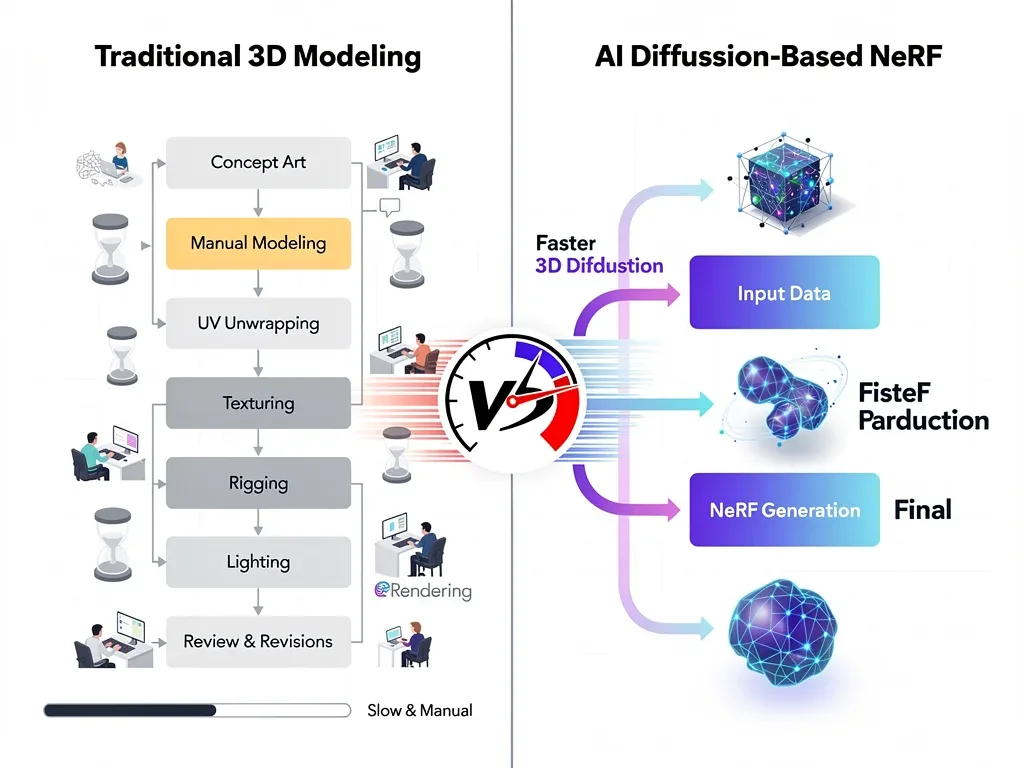 Comparison of traditional 3D modeling versus diffusion NeRF efficiency