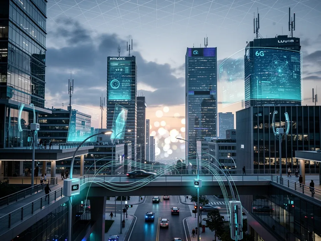 Futuristic 6G network infrastructure with sub-terahertz antennas in an urban setting