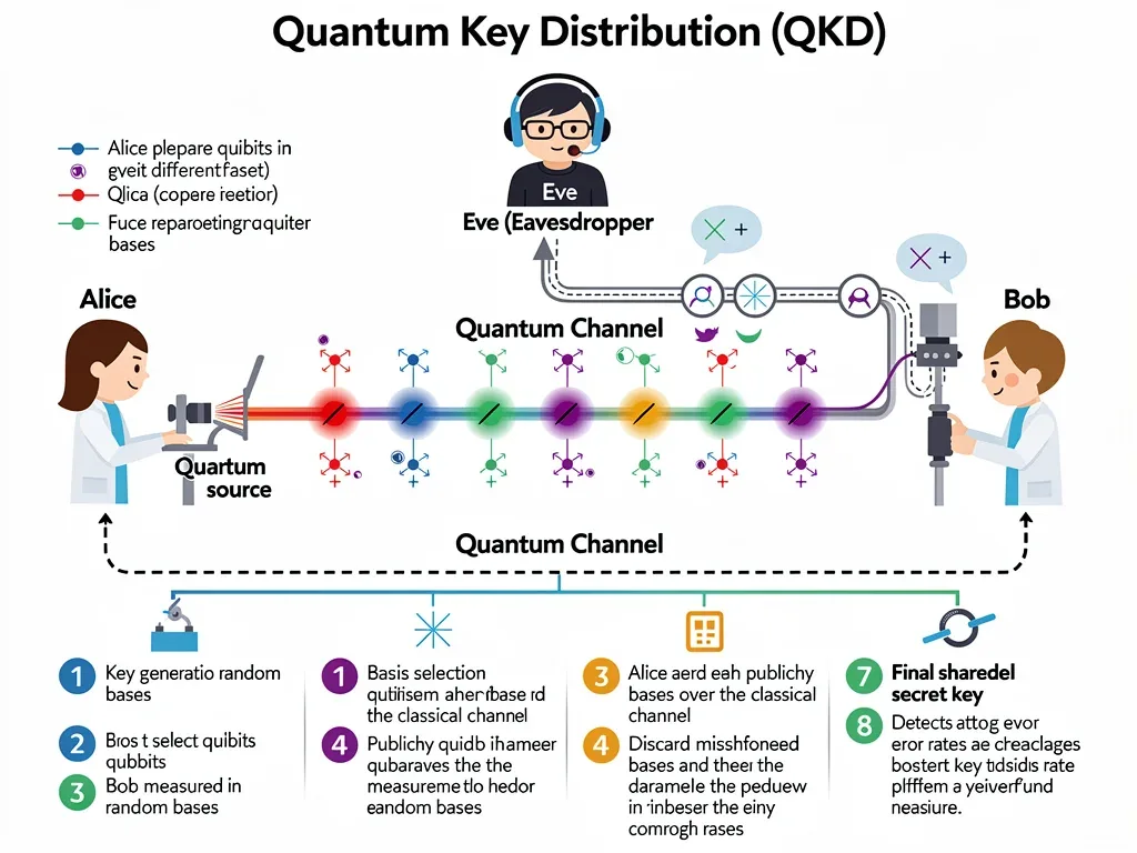 Diagram of Quantum Key Distribution (QKD) secure communication.