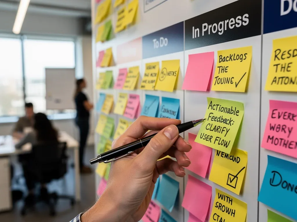 Hand placing feedback sticky note on Kanban board