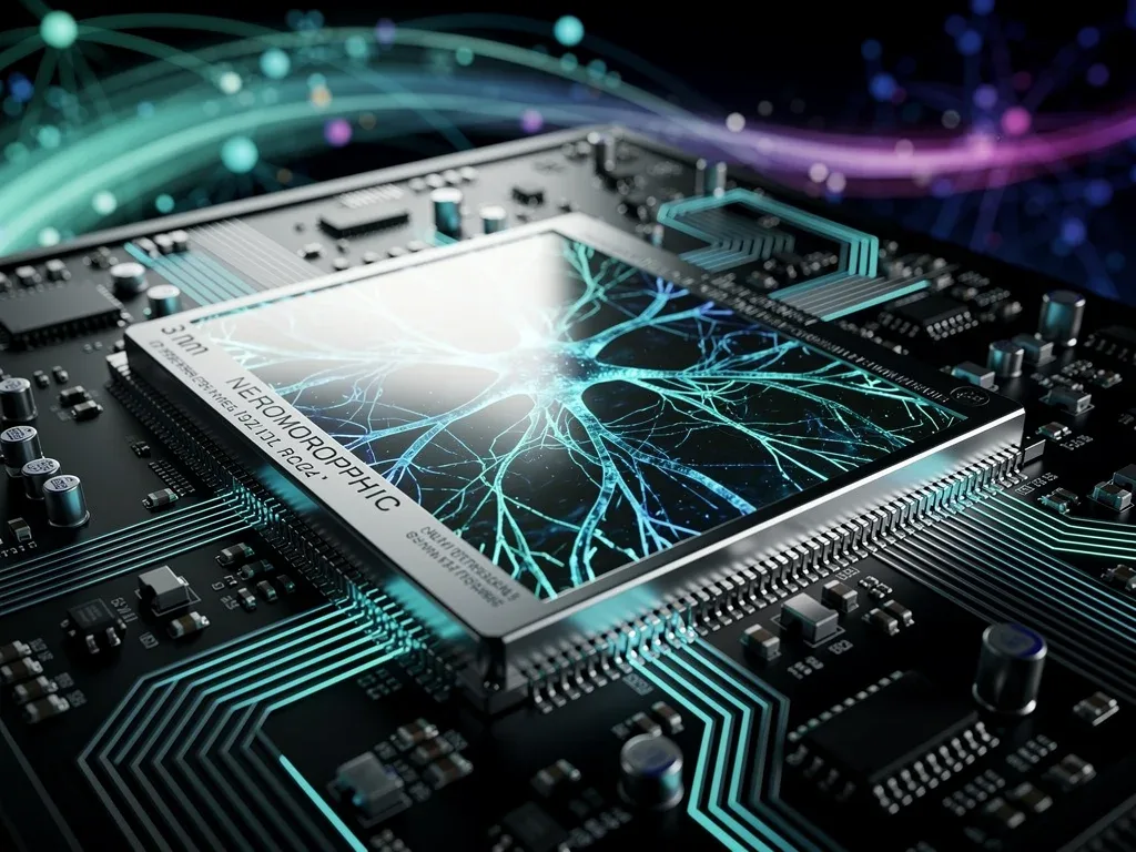 Futuristic 3nm neuromorphic chip with neural network patterns for edge AI