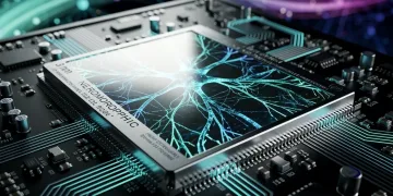Futuristic 3nm neuromorphic chip with neural network patterns for edge AI