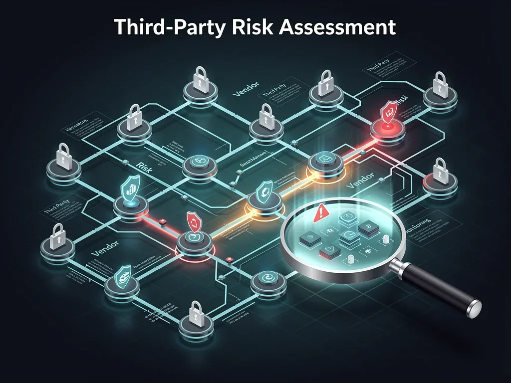 Digital supply chain with vendor vulnerabilities and risk assessment magnifying glass