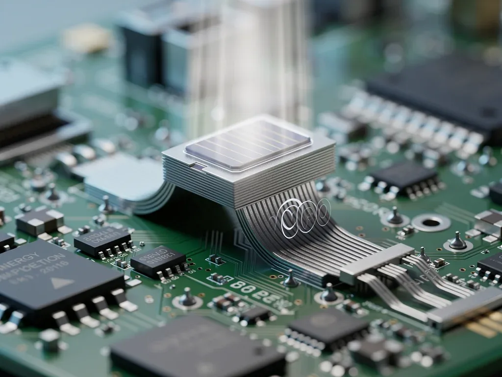 Close-up of a miniature energy harvesting module powering a battery-free ambient IoT sensor on a circuit board.