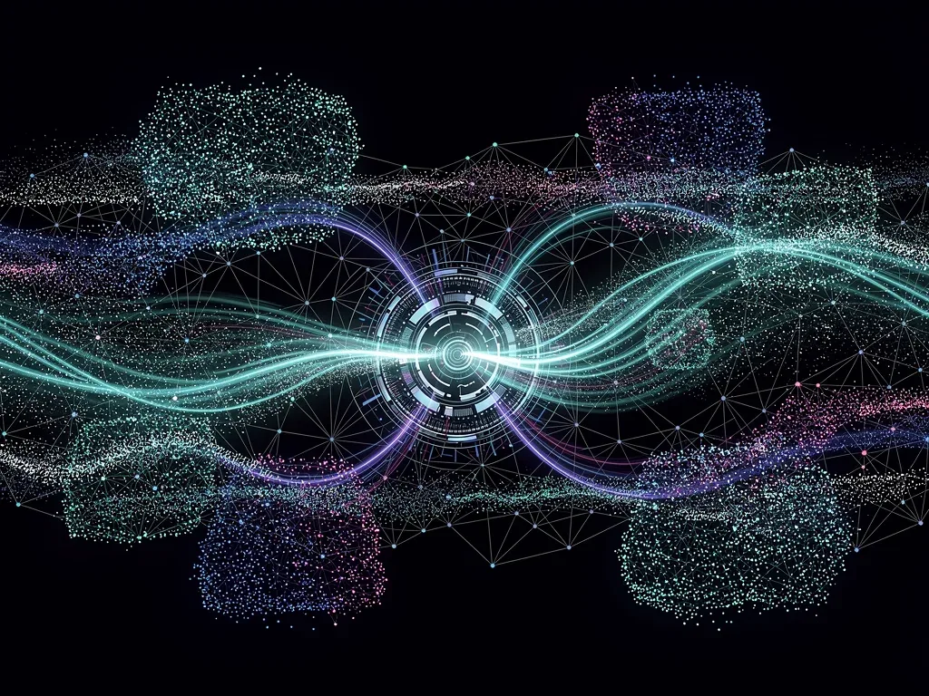 Network visualization depicting data flow across a 100,000-node ambient IoT system, highlighting vast connectivity and data integration.