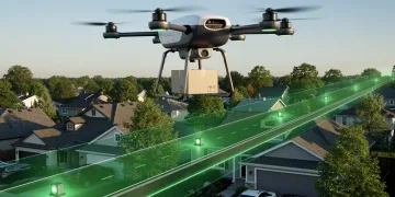 Autonomous drone delivery corridor with advanced drone flying over suburban homes
