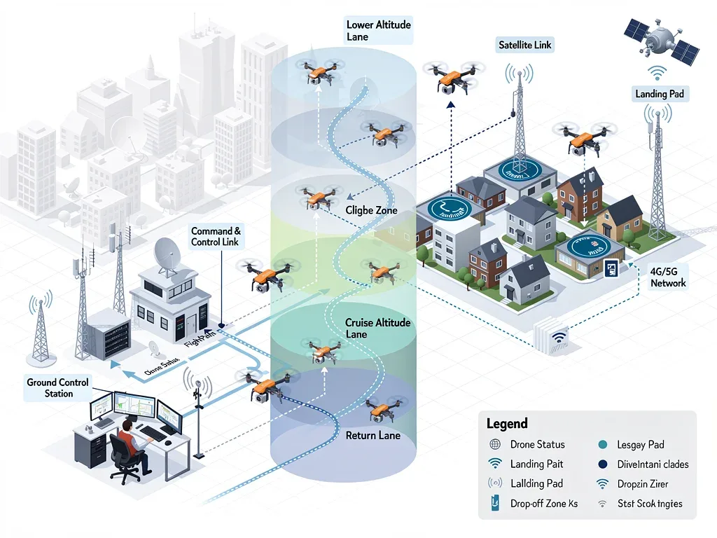 Diagram of autonomous drone delivery corridor infrastructure and components