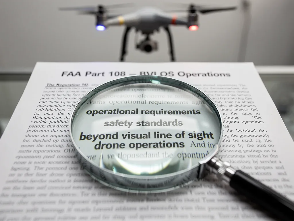 FAA Part 108 regulatory document with magnifying glass on key text