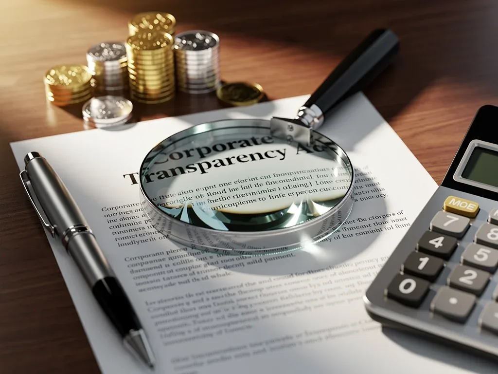 Magnifying glass over Corporate Transparency Act document, symbolizing compliance scrutiny.