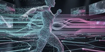 Futuristic digital figure being compressed for real-time 12K volumetric video streaming.