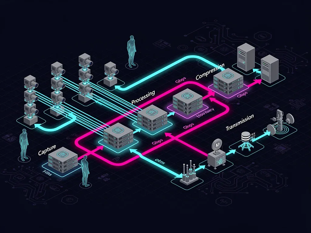 Network diagram showing data flow and compression stages for volumetric video.