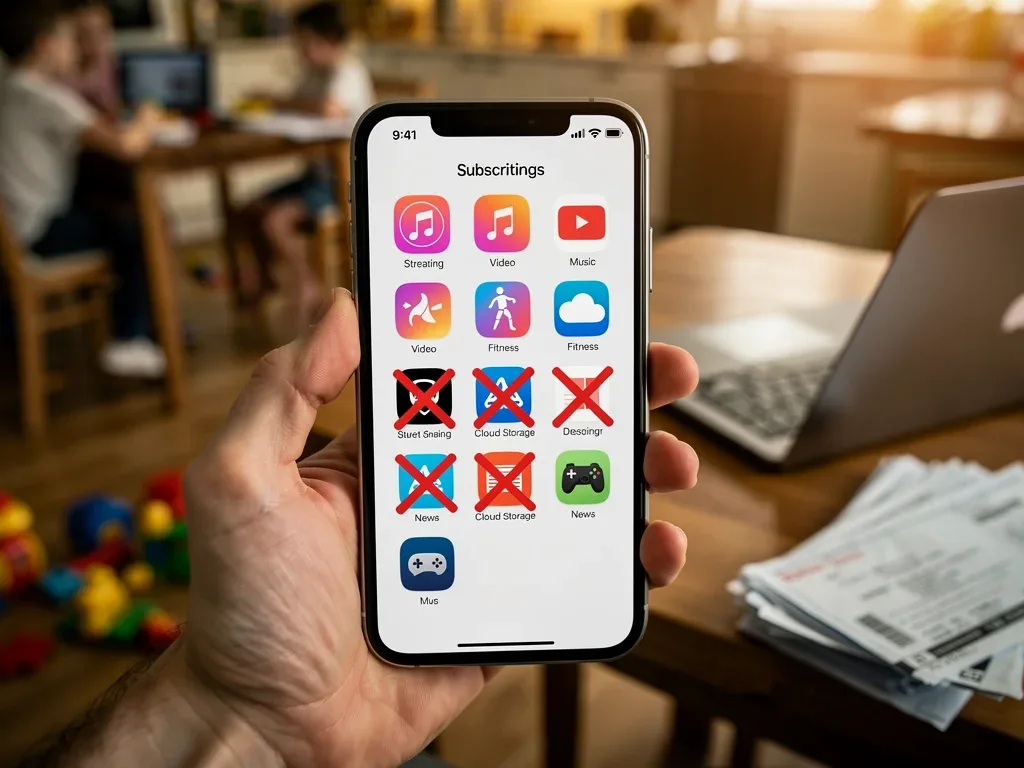 Hand managing subscription apps on a smartphone, illustrating subscription fatigue and cost-cutting.