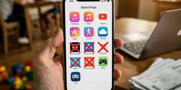 Hand managing subscription apps on a smartphone, illustrating subscription fatigue and cost-cutting.