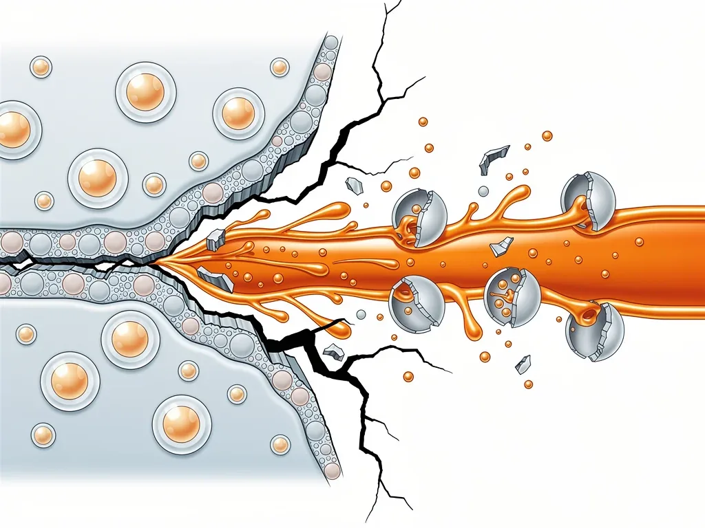 Microscopic view of healing agents released from microcapsules repairing a polymer crack.