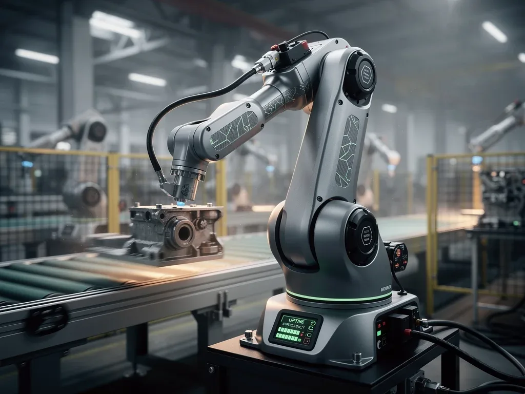 Industrial robot arm featuring self-healing polymer components, demonstrating enhanced durability.