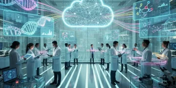 Scientists using cloud-based synthetic biology platform with holographic DNA models