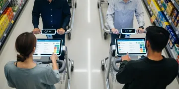Shopper using a smart cart with real-time budget tracking in a modern US supermarket.