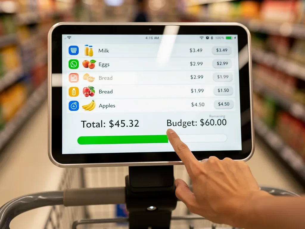 Digital display of a smart cart showing real-time spending and budget limits.