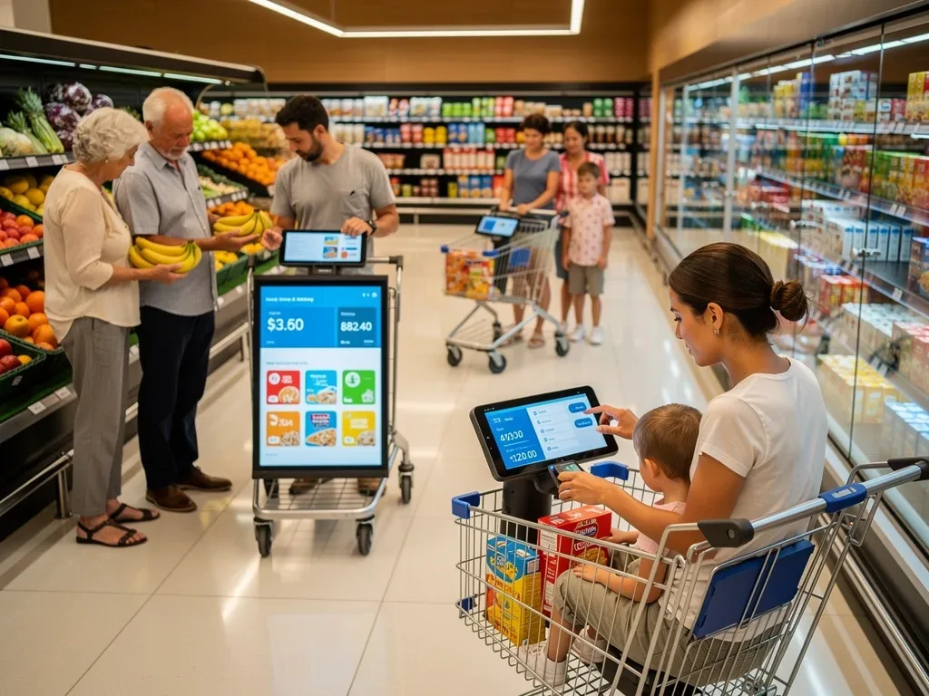 Consumers engaging with smart carts for efficient grocery shopping.