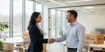Business professionals shaking hands in a modern office after successful lease negotiation.
