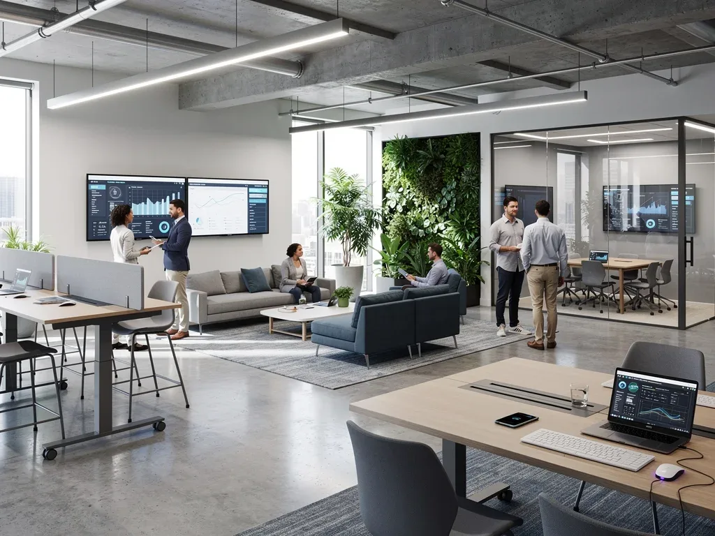 Modern office interior with collaborative zones and advanced technology for tenants.