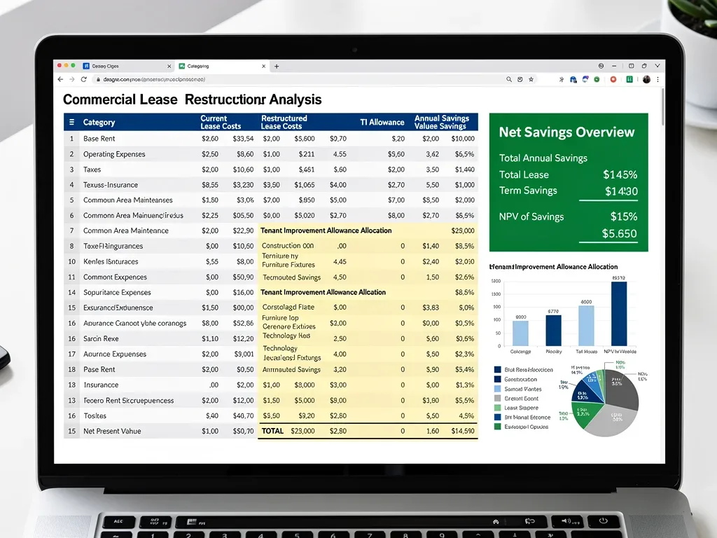 Financial spreadsheet detailing commercial lease restructuring costs and tenant improvement allowances.