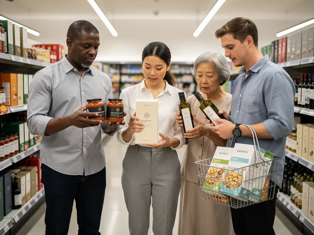 Shoppers considering premium private label products in a bright grocery store.
