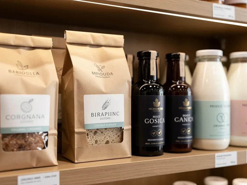 Elegantly packaged premium private label food items on a store shelf.